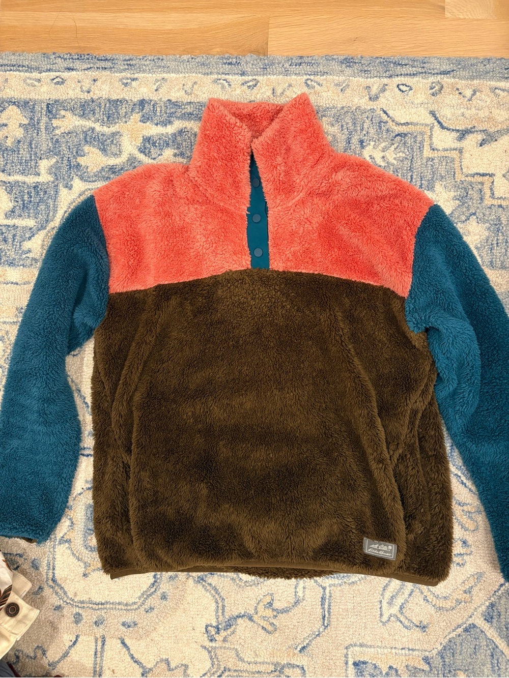 Colorblock Sherpa Pullover - Coral, Teal & Chocolate